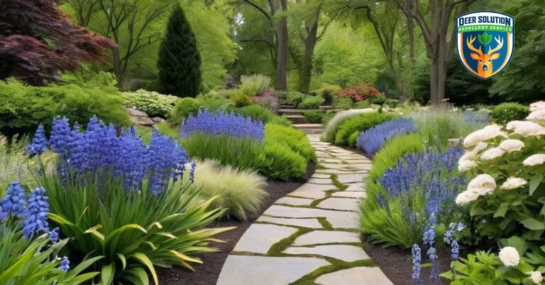 Serene garden with vibrant blue wild indigo flowers, attracting butterflies - deer-resistant plants
