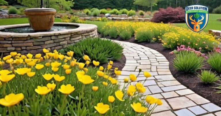 Lush garden with buttercups and pollinator plants, shielded by Deer Solution's eco-safe repellent.