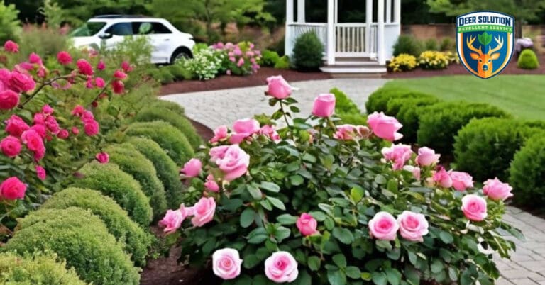 Lush, eco-friendly garden with thriving Carolina roses, protected by Deer Solution's all-natural repellent.