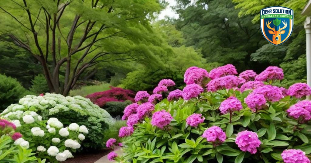 Vibrant Korean Spice Viburnums bloom amid lush, deer-resistant garden protected by eco-friendly Deer Solution.