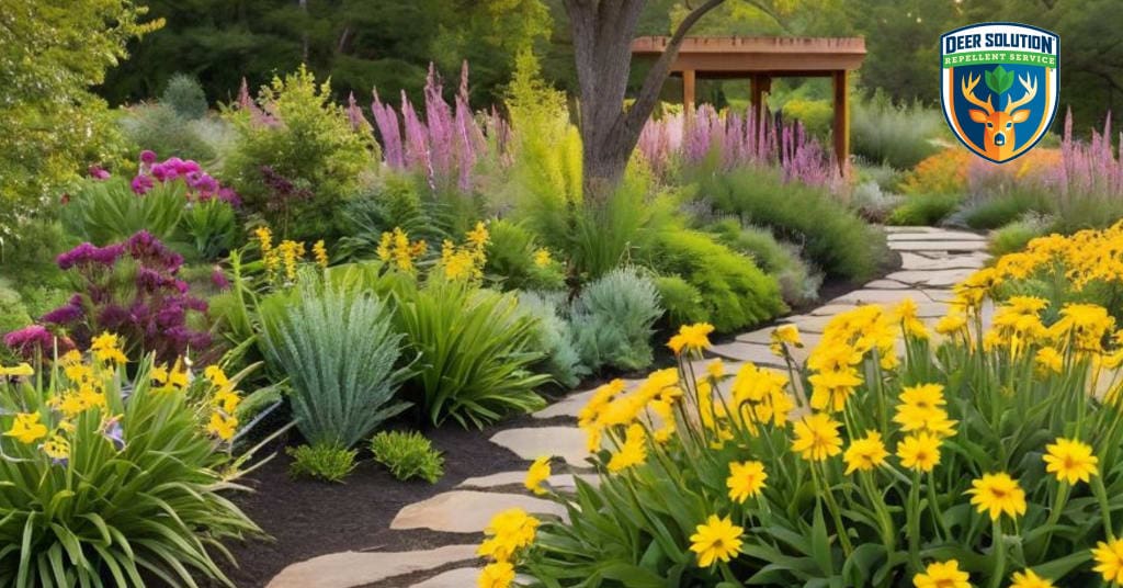 Vibrant compass plants thrive in eco-friendly garden, Deer Solution's repellent protects native flora.