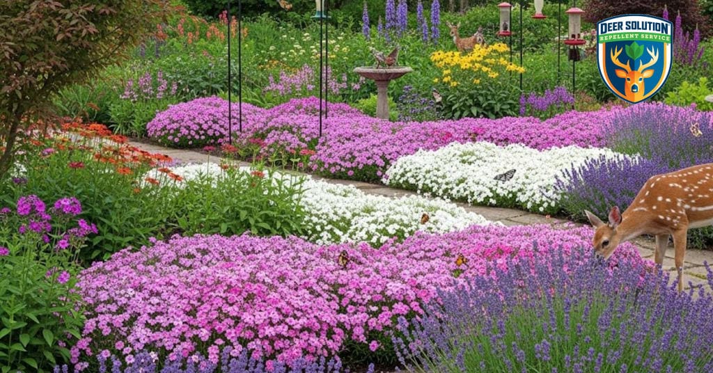 Lush garden with vibrant creeping phloxes, showcasing Deer Solution's eco-friendly practices that protect plants from deer.