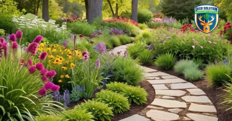 A garden with flourishing echinacea, alive with pollinators, shielded by Deer Solution's eco-safe repellent.