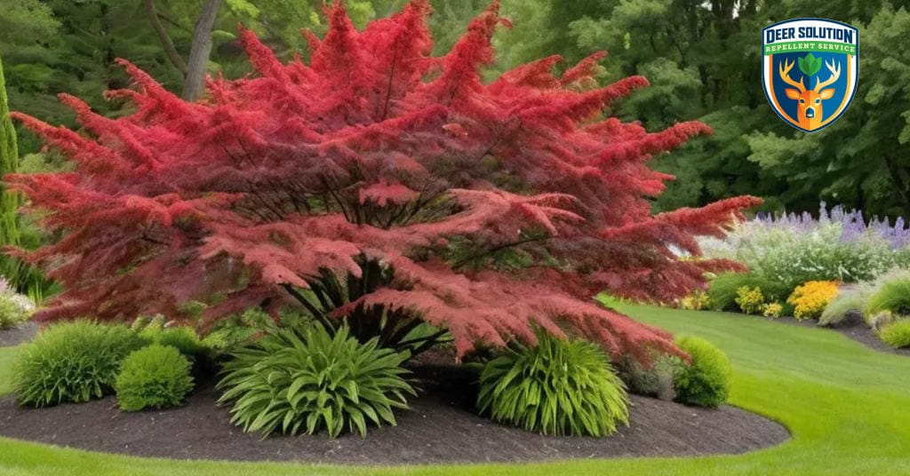 Lush garden with vivid Flameleaf Sumacs, native blooms, and green features - Deer Solution repellent service