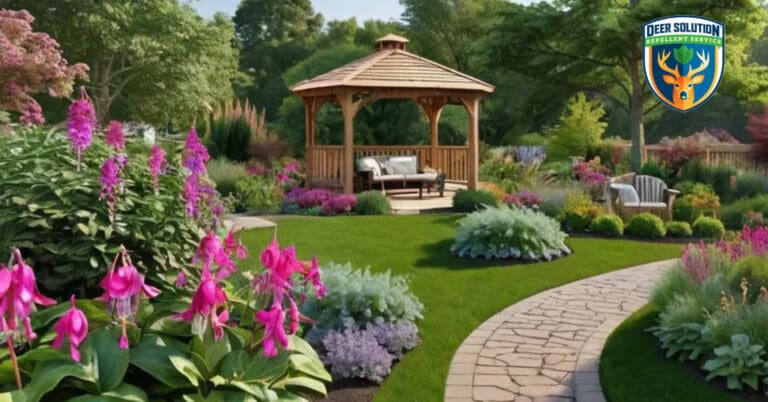 Vibrant fuchsias bloom in lush, deer-resistant garden protected by Deer Solution's eco-friendly repellent.