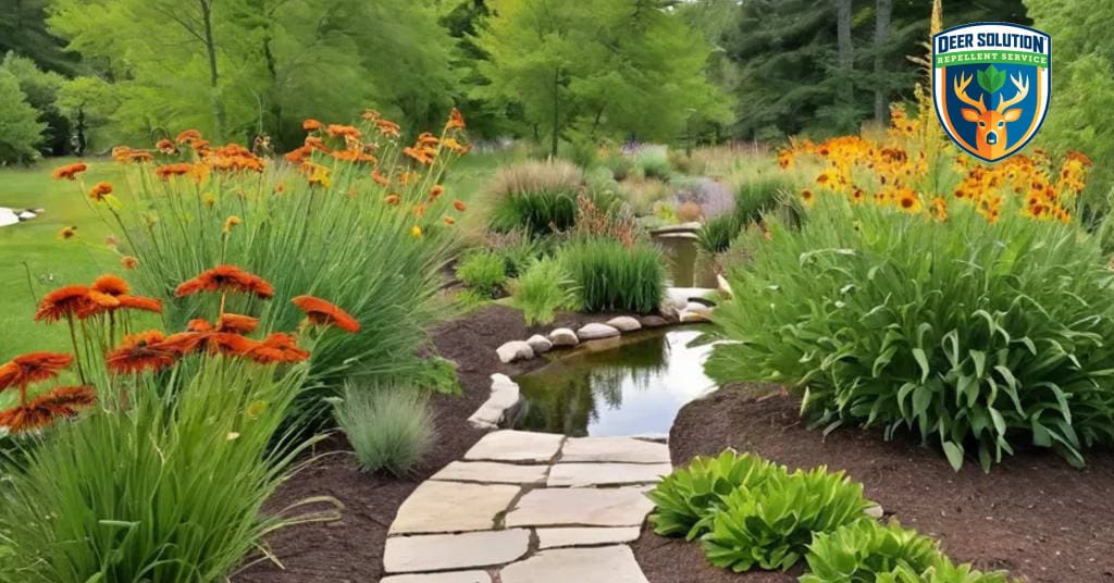 Lush garden with thriving Heleniums, native plants, and wildlife - Deer Solution's eco-friendly approach