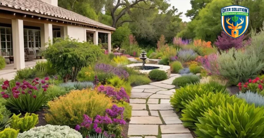 Lush garden with deer-resistant hierba de zorros, vibrant blooms, and native plants protected by Deer Solution's eco-friendly care.