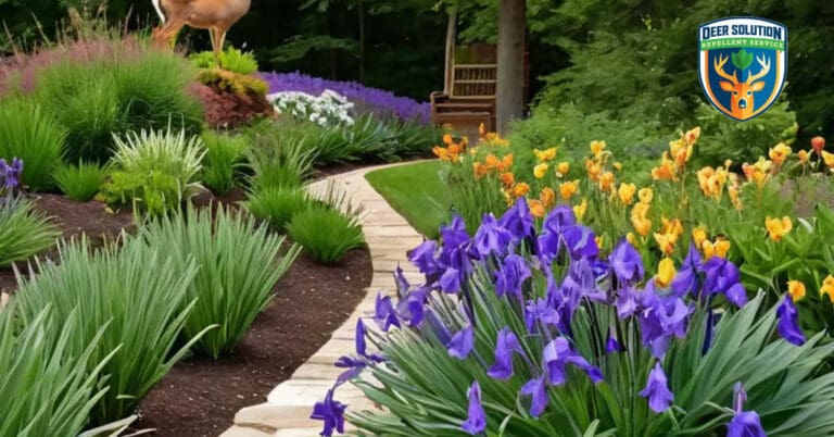 Vibrant iris garden thriving under Deer Solution's eco-friendly repellent, protecting blooms from deer