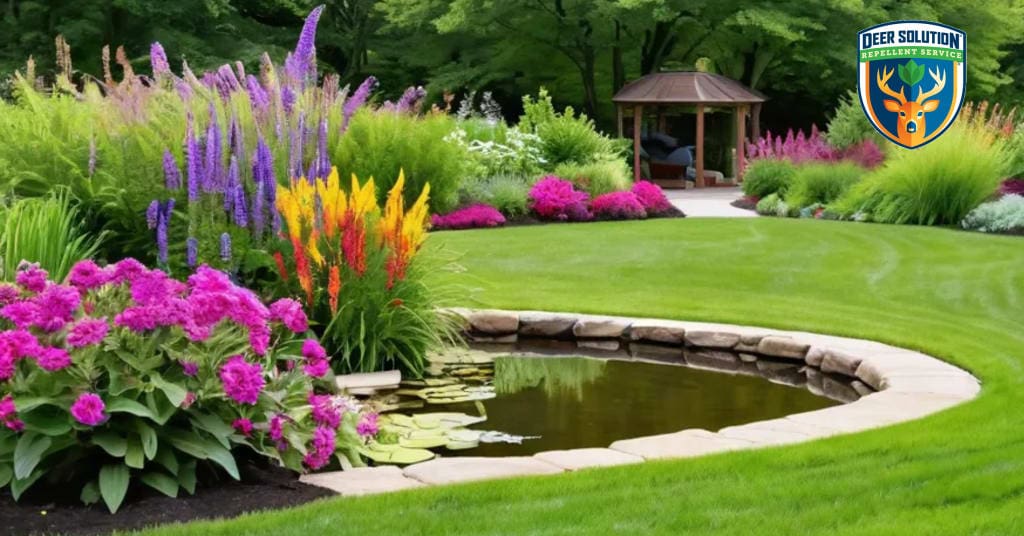 Flourishing garden with vibrant ironweeds and deer-resistant flowers, reflecting Deer Solution's eco-friendly service.