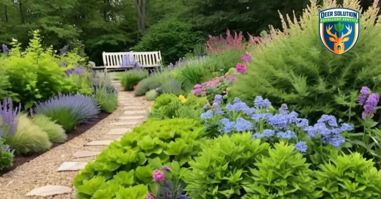 Vibrant garden with blooming Jacob's Ladder, protected by Deer Solution's eco-friendly repellent service.