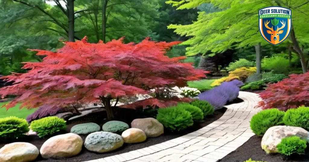 Japanese maple garden protected by Deer Solution's eco-friendly repellent, promoting natural beauty and deer resistance.