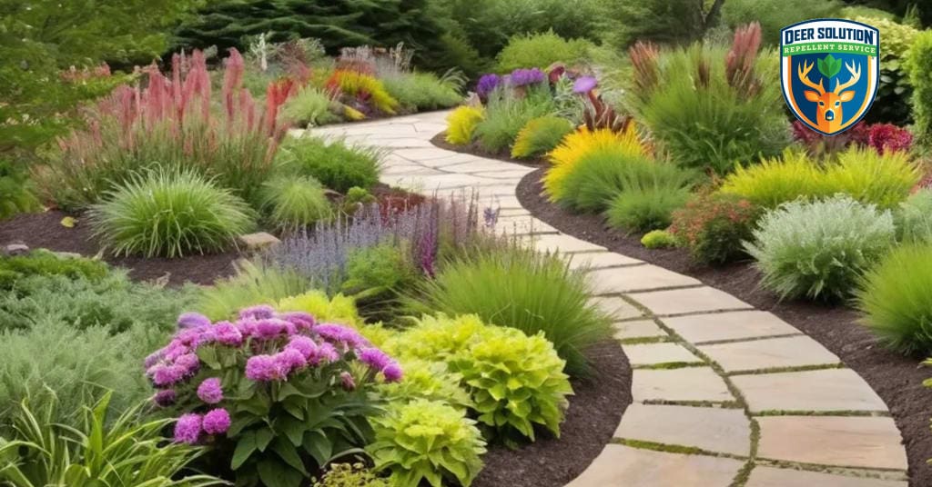 Lush garden with Kalm's St. John's Worts, native plants, and pollinator flowers, protected by Deer Solution's eco repellent.