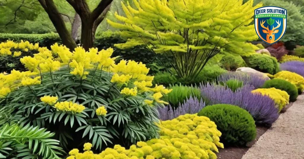 Lush garden with thriving Leatherleaf Mahonias, lavender, and butterflies - Deer Solution's natural repellent in action.