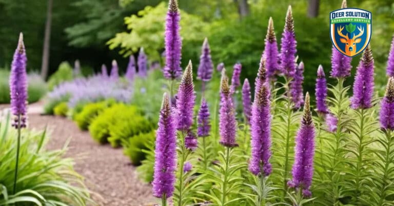 Lush garden with vibrant Liatris flowers, butterflies, and eco-friendly deer protection by Deer Solution.