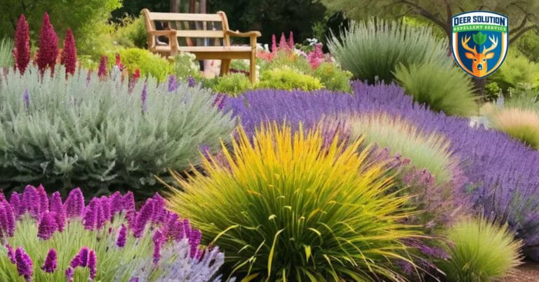 Lush garden with vibrant meadow sages, grasses, and blooms, protected by Deer Solution's eco-friendly repellent.