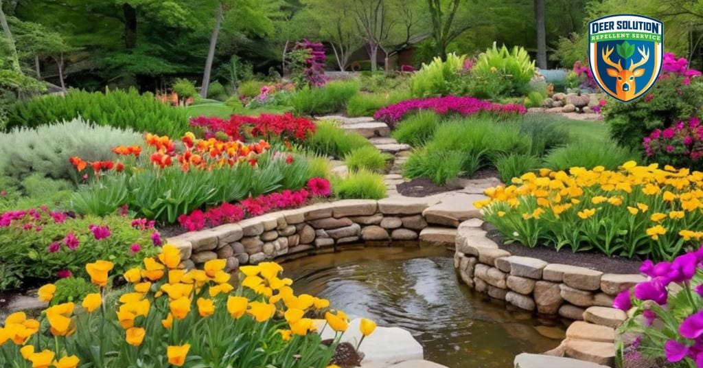 Vibrant garden with Mexican hats, highlighting eco-friendly practices and showing how Deer Solution protects against deer.
