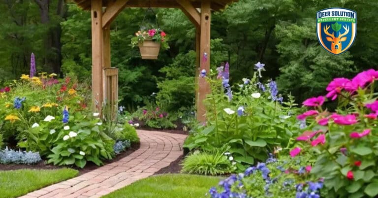 Lush garden with morning glories, native plants, and deer repellents, reflecting Deer Solution's eco-friendly approach.