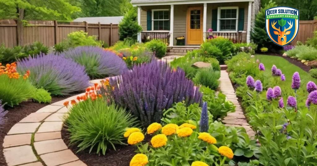 Lush garden with oregano, lavender, and marigolds thriving under Deer Solution's eco-friendly repellent service