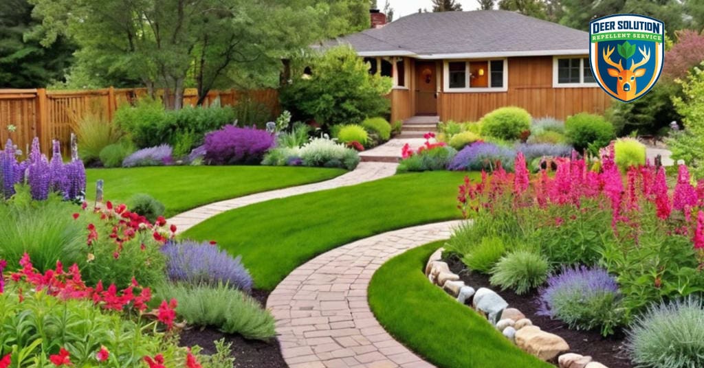 Vibrant garden with penstemons and deer-resistant plants, showing how deer avoid penstemons through eco-friendly practices.
