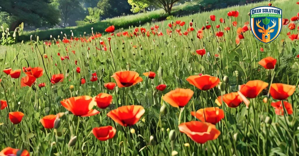 Lush garden with vibrant poppies; find out if deer eat poppies while using Deer Solution's eco-friendly repellent service.