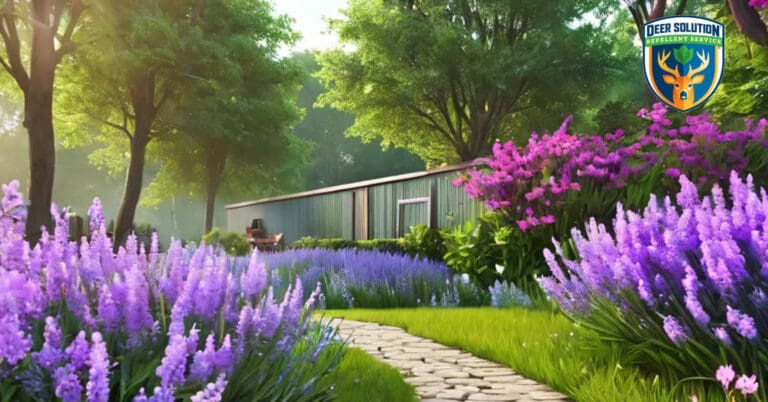 Vibrant garden with rosemary and flowers, illustrating eco-friendly practices while addressing do deer eat rosemary.