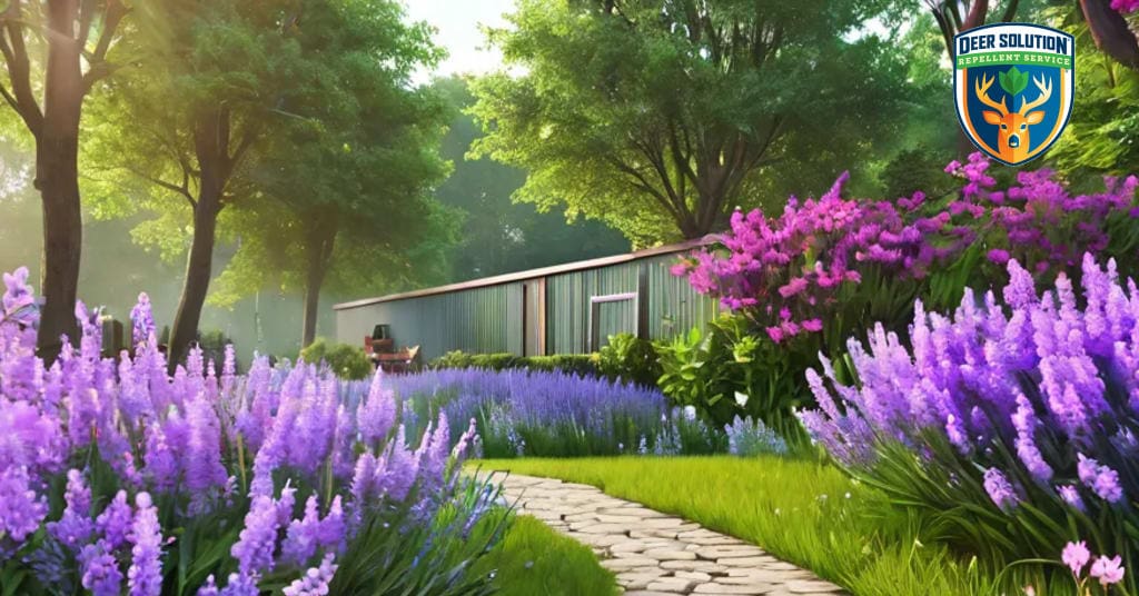 Vibrant garden with rosemary and flowers, illustrating eco-friendly practices while addressing do deer eat rosemary.