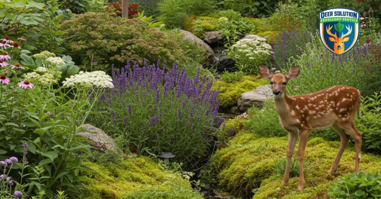 Lush garden with spike mosses and native plants, illustrating eco-friendly practices to prevent deer damage.