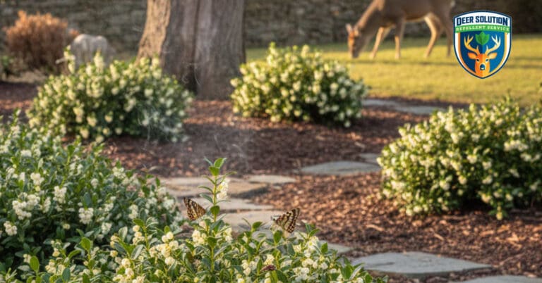 Lush garden with sweetbox shrubs, showing eco-friendly practices; do deer eat sweetboxes? Safe for families and pets.