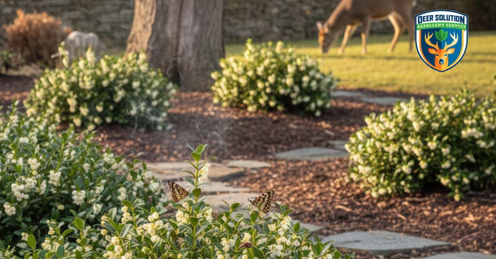 Lush garden with sweetbox shrubs, showing eco-friendly practices; do deer eat sweetboxes? Safe for families and pets.