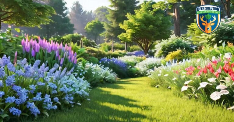 Vibrant garden with white wild indigos and native flowers, illustrating deer-resistant plants for eco-friendly landscapes.