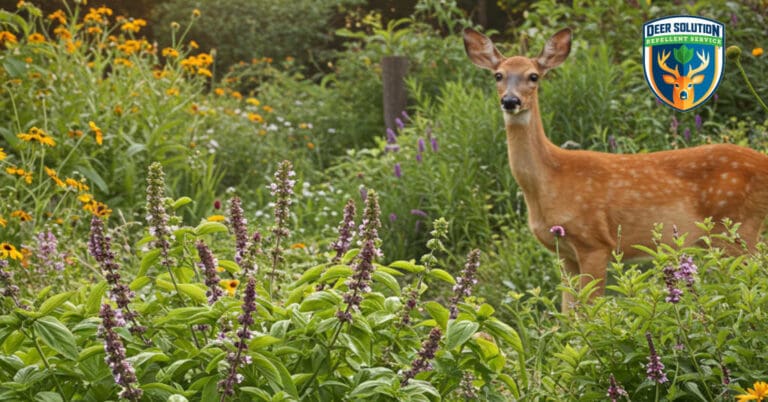 Lush garden with wild basils and native plants, highlighting eco-friendly practices and addressing do deer eat wild basils.
