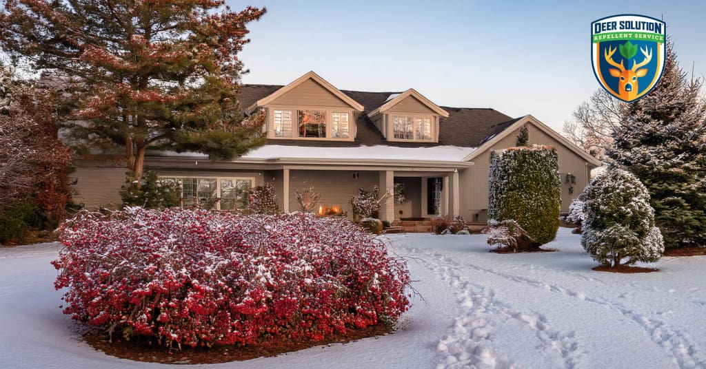 Winterberries thrive in a serene garden, showcasing Deer Solution's eco-friendly repellent. Do deer eat winterberries?