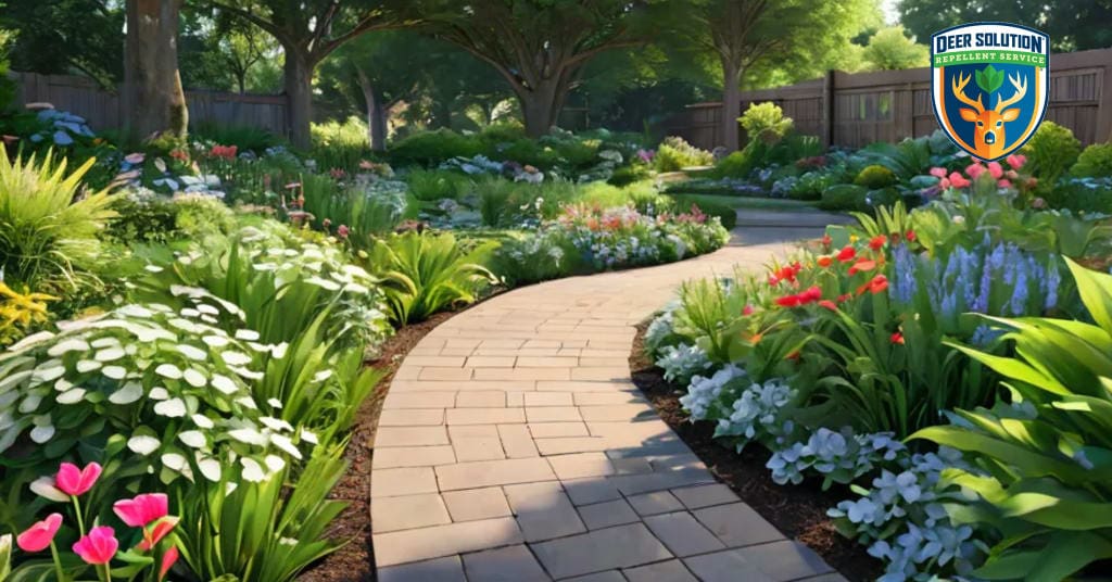 Lush garden with wintergreens and flowers, illustrating harmony and eco-friendly practices amid deer-resistant plants.