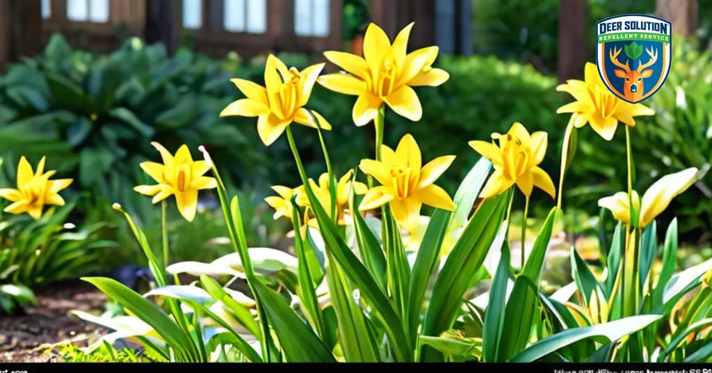 Vibrant garden with yellow trout lilies, showcasing eco-friendly practices and Deer Solution's natural repellent service.
