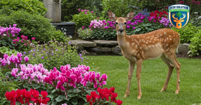 Lush garden with vibrant cyclamens, deer-resistant flora, and eco-friendly Deer Solution® repellent service.