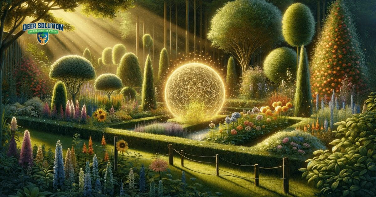 A serene garden encircled by a subtle, glowing aura, representing invisible deer protection.