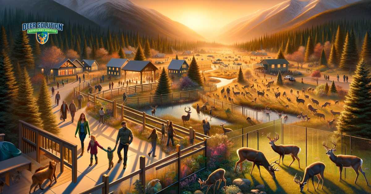 A harmonious depiction of Adams County, showing sustainable coexistence between humans and deer through dedicated conservation efforts