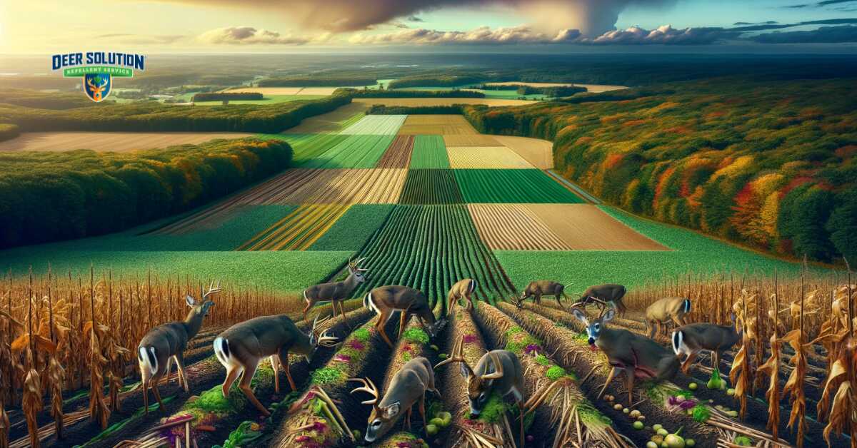 Rural landscape of Middlesex County depicting 'Antlers Amidst the Acreage', highlighting the battle against deer damage in agricultural settings