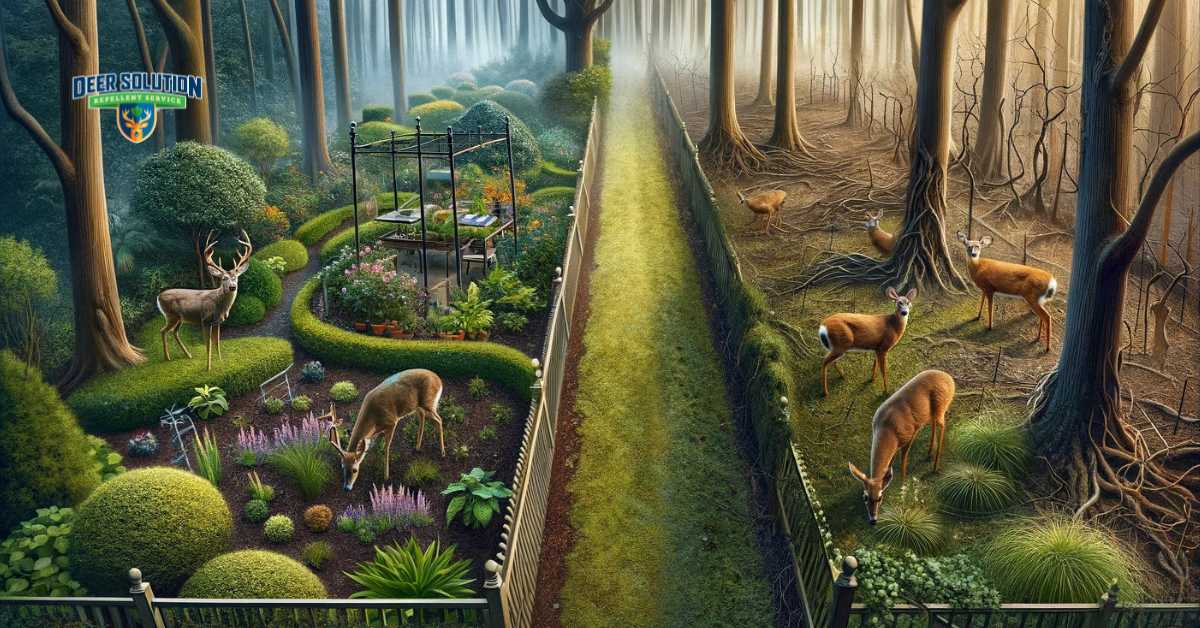 A scene illustrating the delicate balance in Bacon County, Georgia, between the beauty of gardens and woodlands and the challenge of deer damage. The image shows a garden and a woodland area side by side, each displaying signs of deer impact such as nibbled plants and disturbed underbrush. Deer are included in the scene, highlighting their significant presence and effect. This visual captures the coexistence and conflict within the county's natural and cultivated environments, emphasizing the ongoing struggle with deer damage