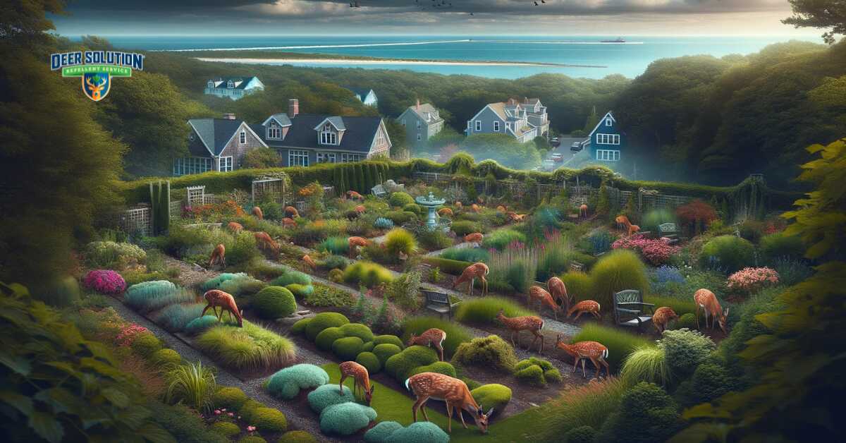 Landscape of Cape May County showcasing 'Battling Brows and Bites', depicting gardens under the threat of deer damage and the county's efforts to protect its natural beauty