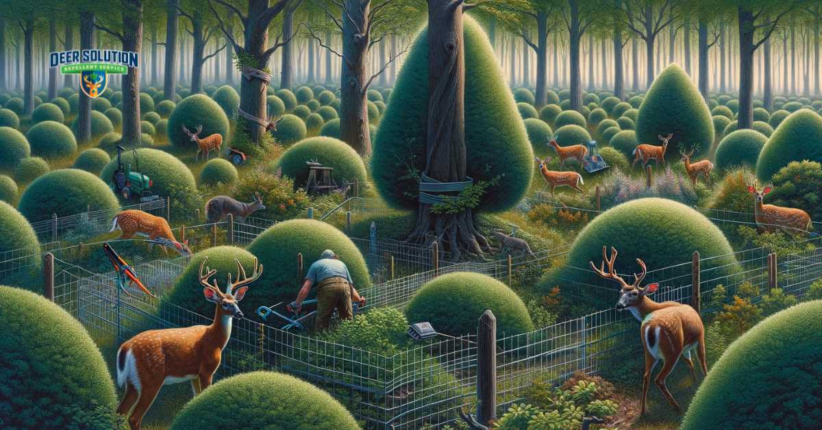 A landscape in Beaufort County depicting the ongoing efforts to protect green spaces from deer damage. The scene includes a mix of shrubs and trees, some showing signs of damage such as nibbled leaves or stripped bark, while others are safeguarded with measures like fencing or repellents. Deer are present in the setting, highlighting the challenge they pose. This image conveys a sense of resilience and proactive care in maintaining the health and beauty of the county's green spaces against deer-related threats