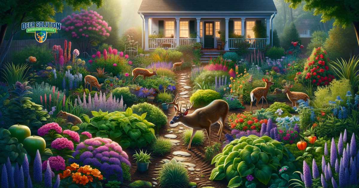 A vibrant garden in Ben Hill County, Georgia, encapsulating the beauty and struggle of maintaining it amidst deer damage. The garden is abundant with a variety of flowers and plants, some showing the telltale signs of deer browsing such as nibbled leaves or disturbed soil. The presence of deer in or near the garden highlights the ongoing battle to protect this colorful oasis. Despite the challenges, the garden exudes resilience and remains lush and vivid, a testament to the efforts in preserving its beauty against wildlife intrusions