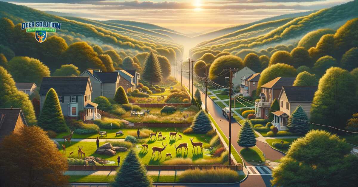 Landscape of Bergen County highlighting the suburban deer challenge, depicting deer in residential areas and the ongoing efforts to achieve a balance in wildlife management within suburban settings