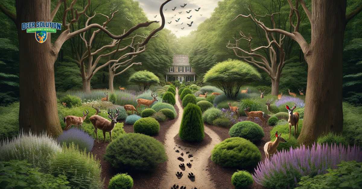 A scene capturing the botanical balancing act in Bucks County, where a lush garden or shrub area coexists with the challenges of deer overpopulation. The image shows a variety of shrubs, some healthy and others bearing signs of deer presence like nibbled leaves or visible tracks. This mix symbolizes the continuous effort to preserve these botanical sanctuaries against the backdrop of an increasing deer population. The image illustrates the struggle to maintain the beauty and health of shrub areas amidst natural wildlife challenges