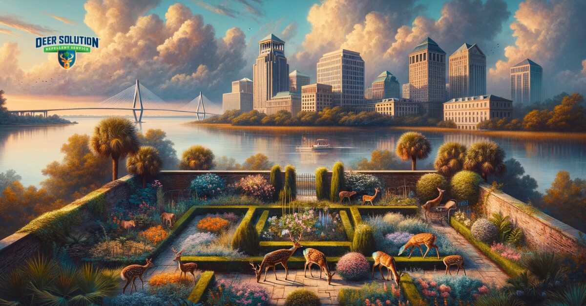Scenic view of Charleston's gardens, illustrating the theme 'Charleston’s Gardens at a Crossroads', depicting the challenge of maintaining their beauty amid deer encounters and the efforts to balance aesthetic appeal with wildlife management