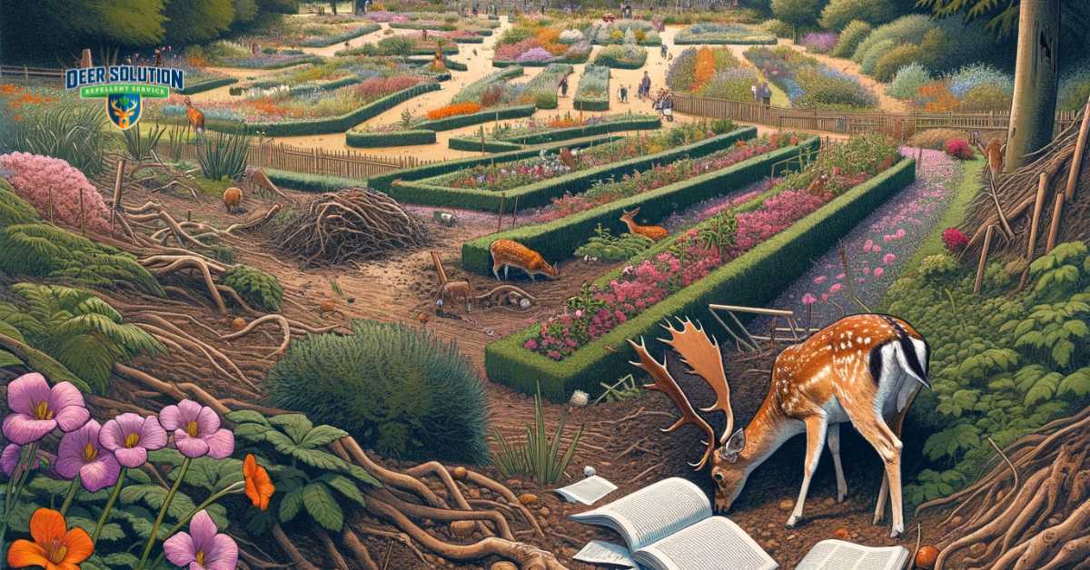 A representation of Chesterfield's local landscape showing the detrimental effects of deer overpopulation. The scene includes a natural setting, possibly a park or garden, bearing the brunt of deer damage: trampled flower beds, nibbled plants, and disturbed underbrush. Deer are present within the scene, signifying their role in this environmental challenge. The image captures the contrast between Chesterfield's natural beauty and the ongoing issue of deer damage