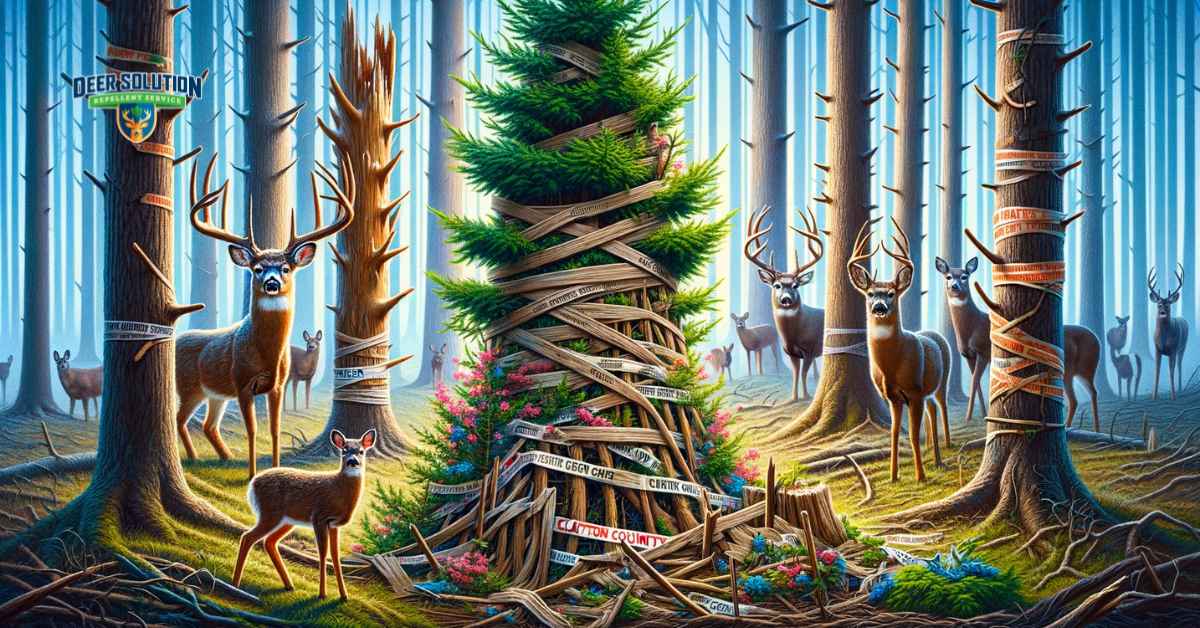 A forest in Clayton County with a mix of damaged and recovering trees, illustrating the impact of deer damage and the protective strategies being implemented, including wrapped trees and fencing