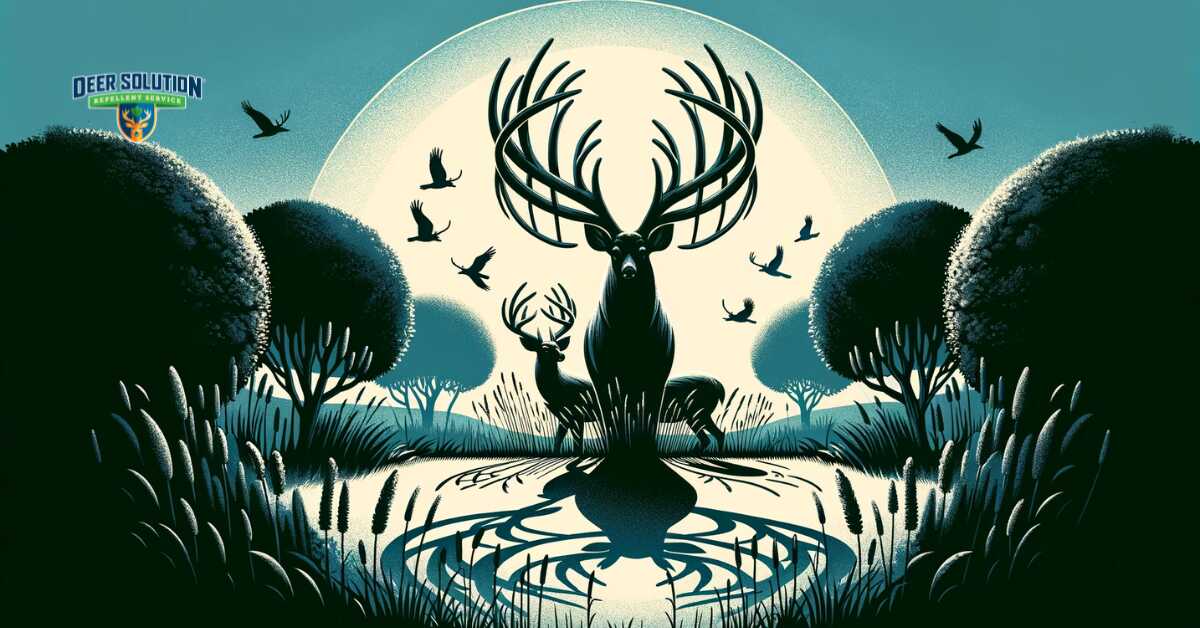 An image depicting a harmonious garden scene in Darlington County, SC, subtly suggesting the presence of deer with abstract elements, in a landscape that balances wildlife admiration and shrub protection