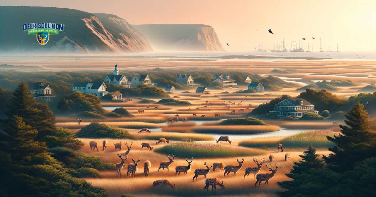 Landscape of Cape May depicting the deer dilemma, focusing on the battle against ecological imbalance due to deer overpopulation and its effects on the environment