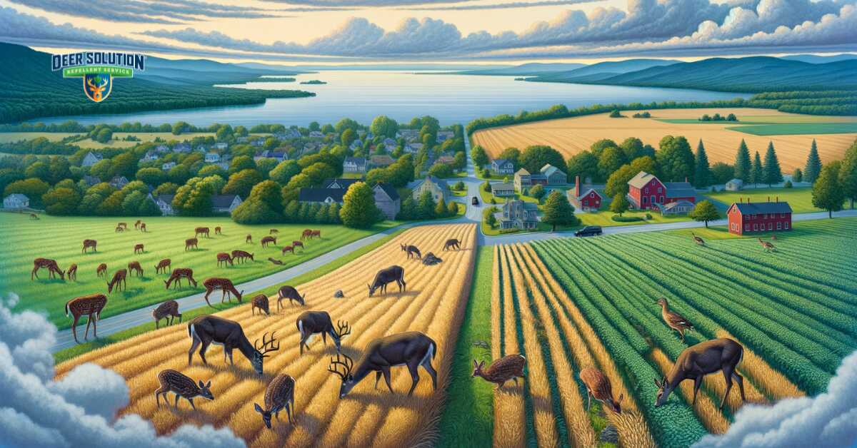 Rural landscape of Burlington illustrating 'Deer Dilemma: Nature’s Grazing vs. Agricultural Grazing', showing the conflict between natural deer grazing and its impact on agricultural lands